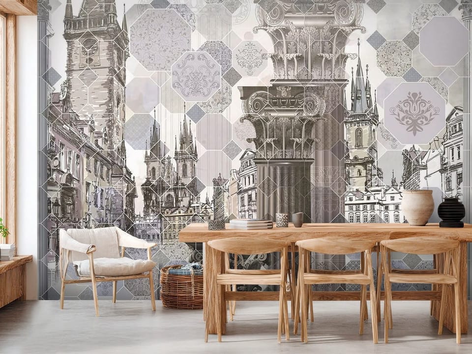 Fototapeta z architektonicznymi kolumnami i zabytkowymi budynkami - aranżacja kuchni w jasnych kolorach