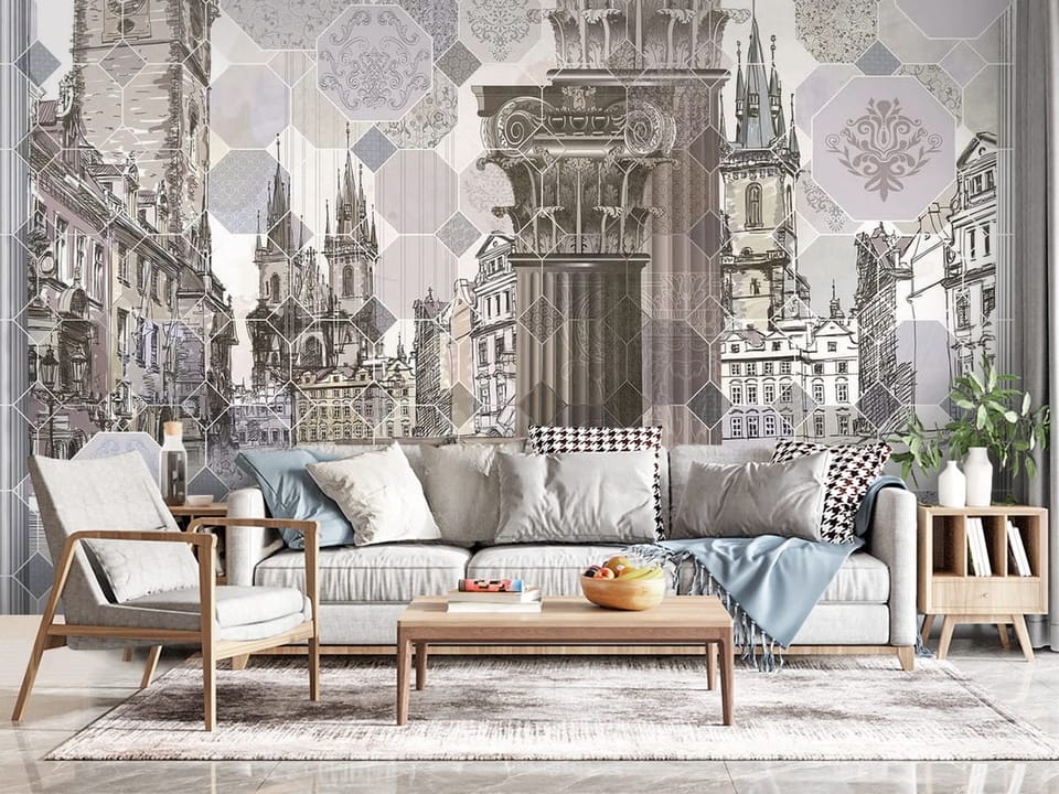 Fototapeta z architektonicznymi kolumnami i zabytkowymi budynkami - kompozycja ściany w przytulnym salonie