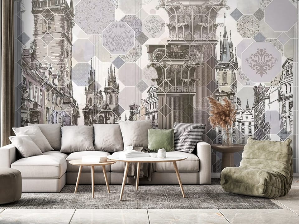 Fototapeta z architektonicznymi kolumnami i zabytkowymi budynkami - nowoczesny salon z różnymi dodatkami