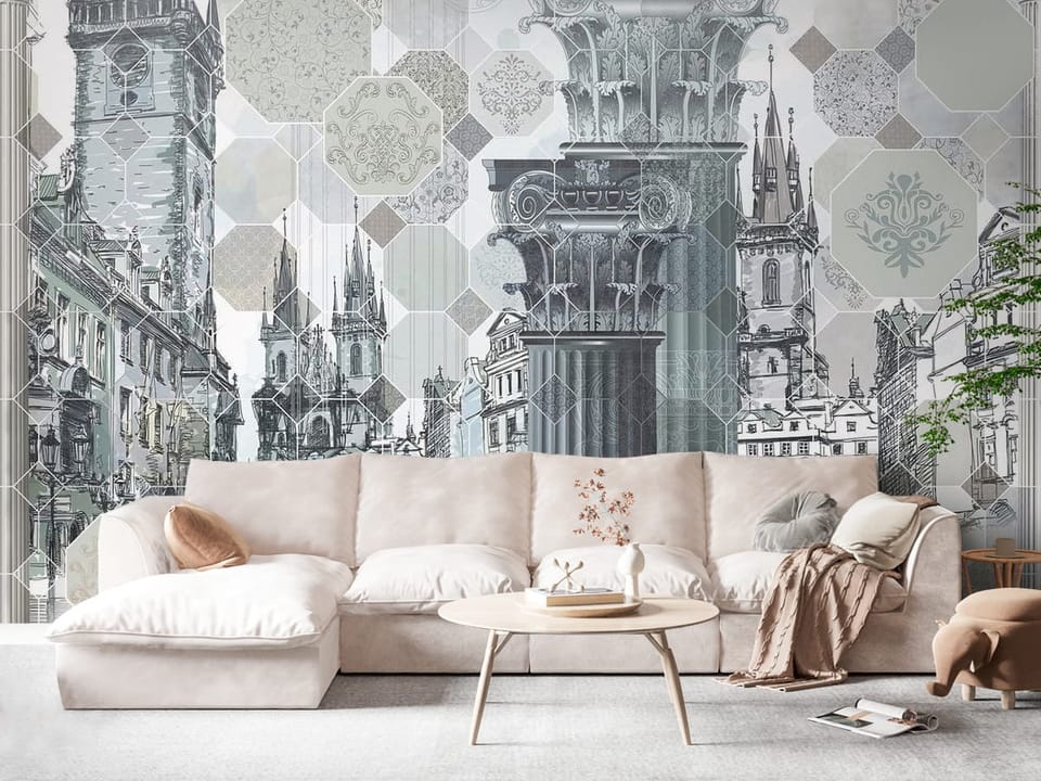 Fototapeta z kolumnami i zabytkowymi budynkami w tle - widok na ścianę w eleganckim salonie