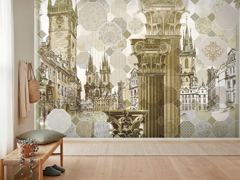 Fototapeta z architektonicznymi kolumnami i zabytkowymi budynkami - widok na ścianę w przytulnym przedpokoju
