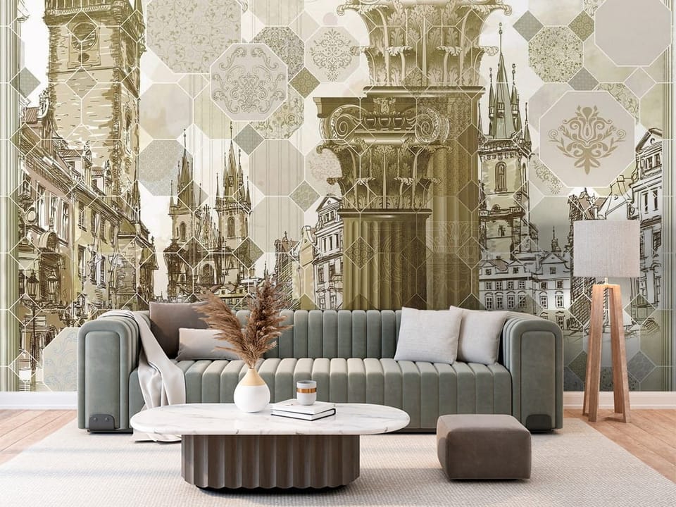 Fototapeta z architektonicznymi kolumnami i zabytkowymi budynkami - ściana w klasycznym salonie