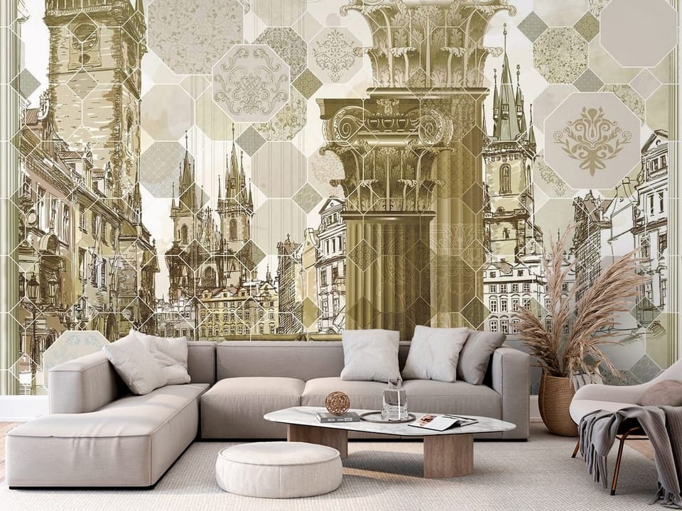 Fototapeta z architektonicznymi kolumnami i zabytkowymi budynkami - aranżacja w przytulnym salonie