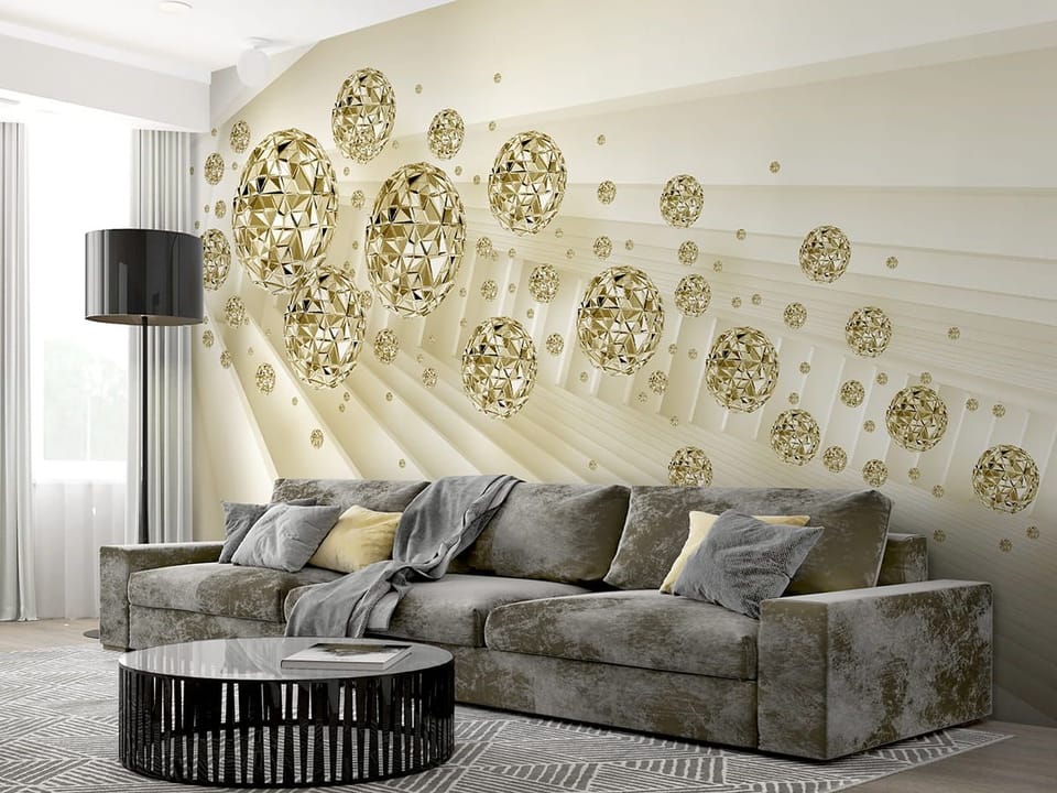Fototapeta Geometryczne złote kule w tunelu - aranżacja w salonie