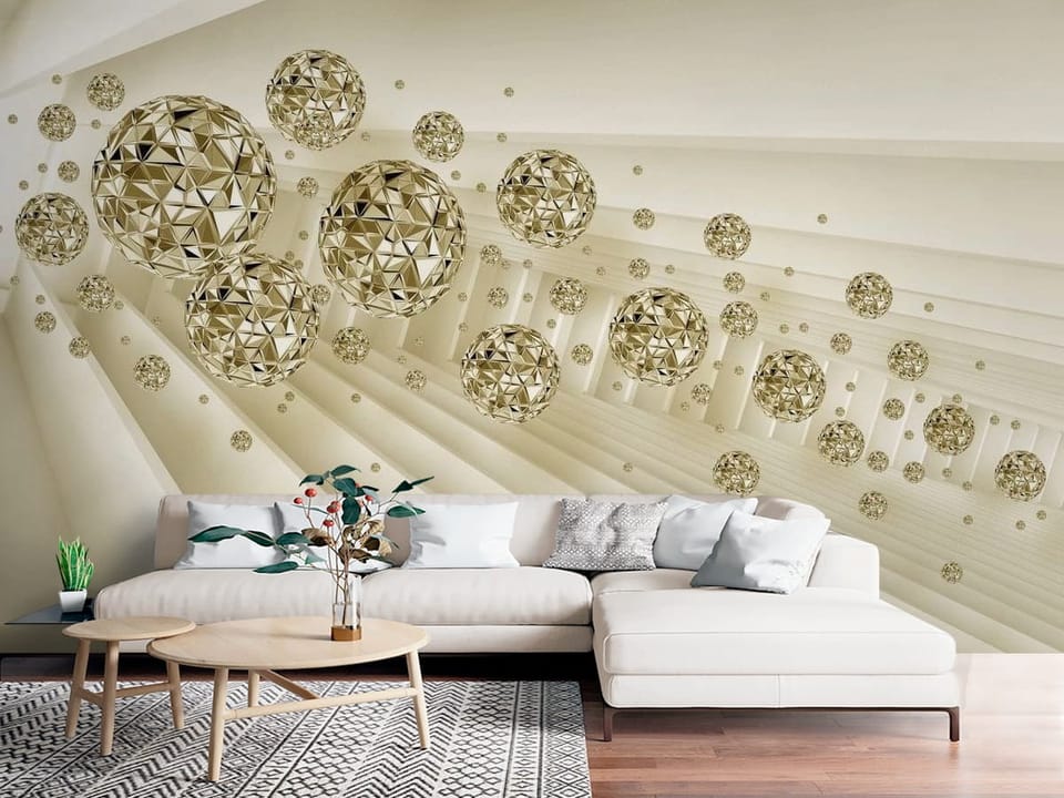 Fototapeta z geometrycznymi złotymi kulami w tunelu o jasnym tle - nowoczesna strefa chillout w salonie