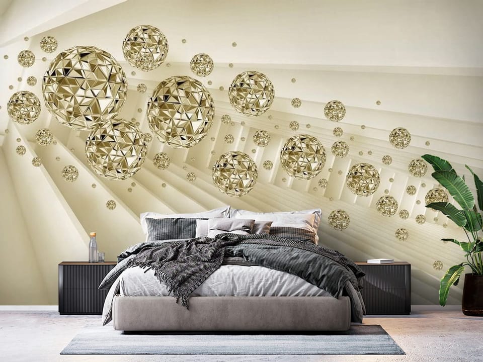 Fototapeta z geometrycznymi złotymi kulami w tunelu o jasnym tle - ściana w eleganskiej sypialni