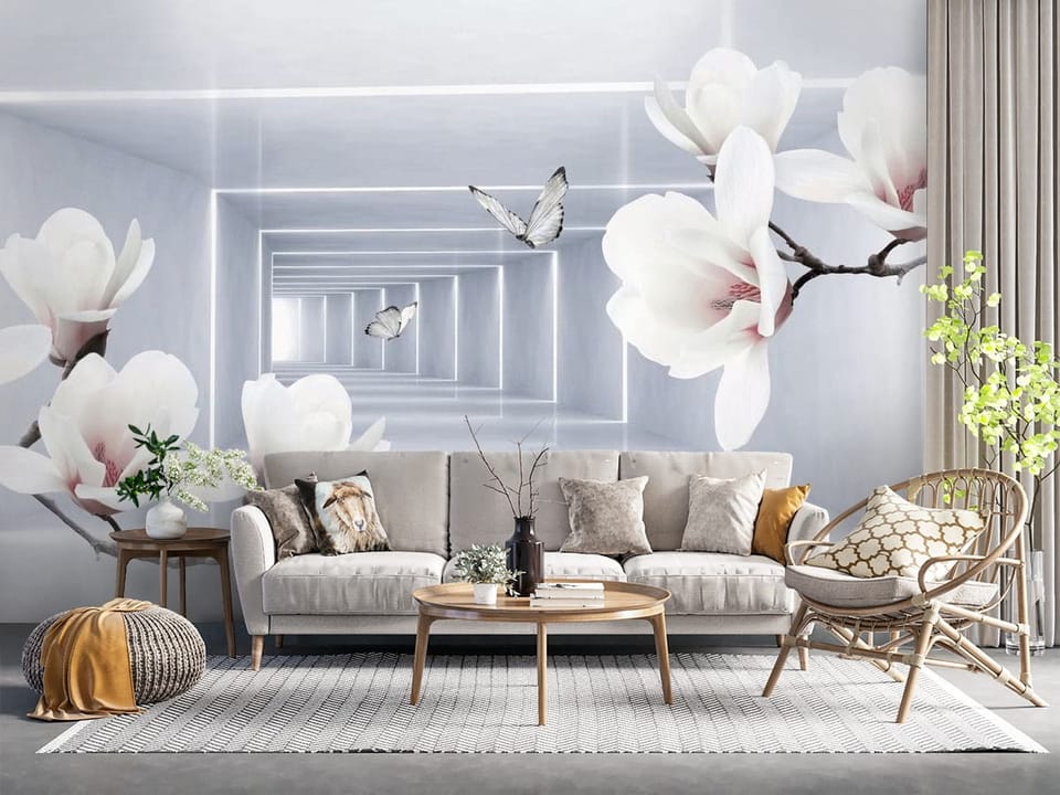 Fototapeta z kwiatami magnolii na gałęzi i geometrycznym tunelem w tle - salon z naturalnymi dodatkami