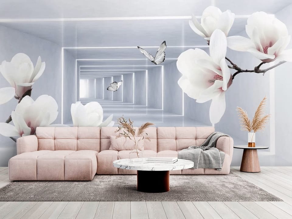 Fototapeta z kwiatami magnolii na gałęzi i geometrycznym tunelem w tle - salon w jasnych kolorach