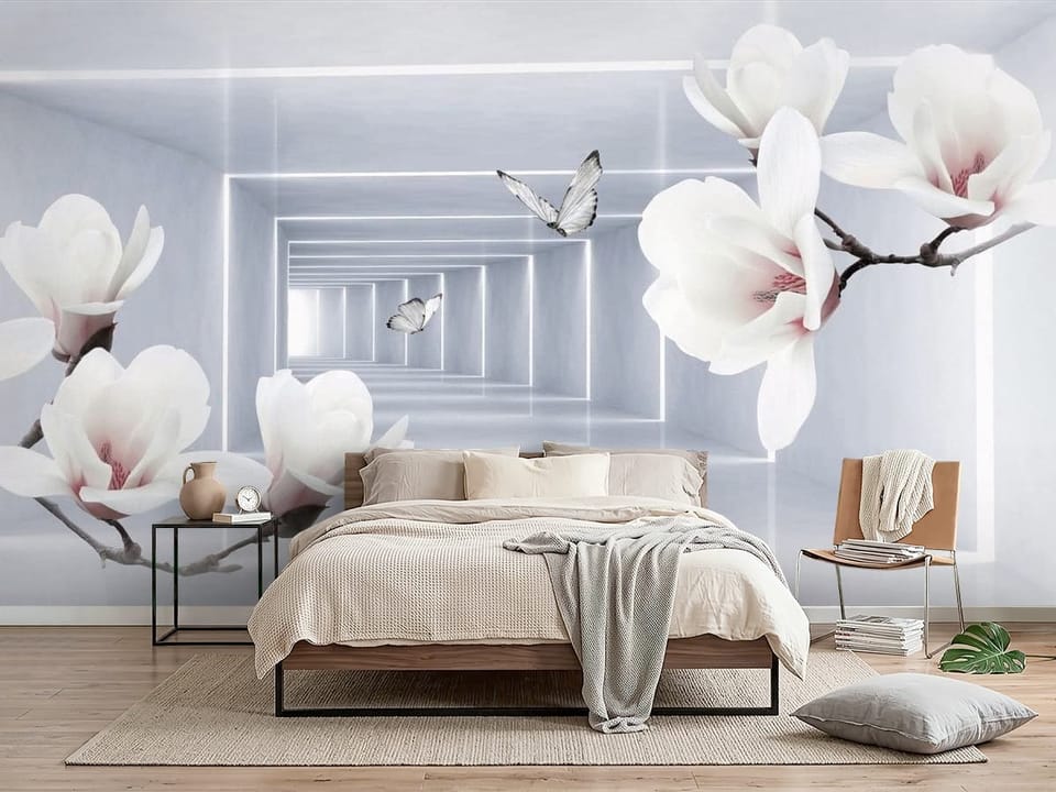 Fototapeta z kwiatami magnolii na gałęzi i geometrycznym tunelem w tle - piękna ściana w nowoczesnej sypialni
