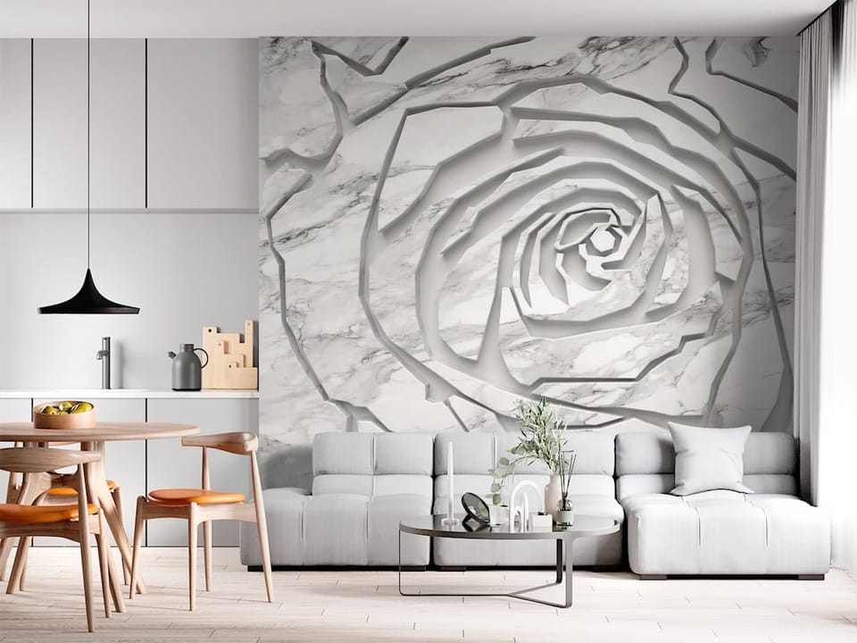 Fototapeta z abstrakcyjnym wzorem marmuru i 3D kwiatami, spiralny efekt - dekoracja ściany w jasnej kuchni