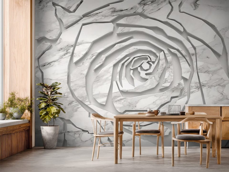 Fototapeta z abstrakcyjnym wzorem marmuru i 3D kwiatami, spiralny efekt - inspiracja do strefy jadalnianej w kuchni