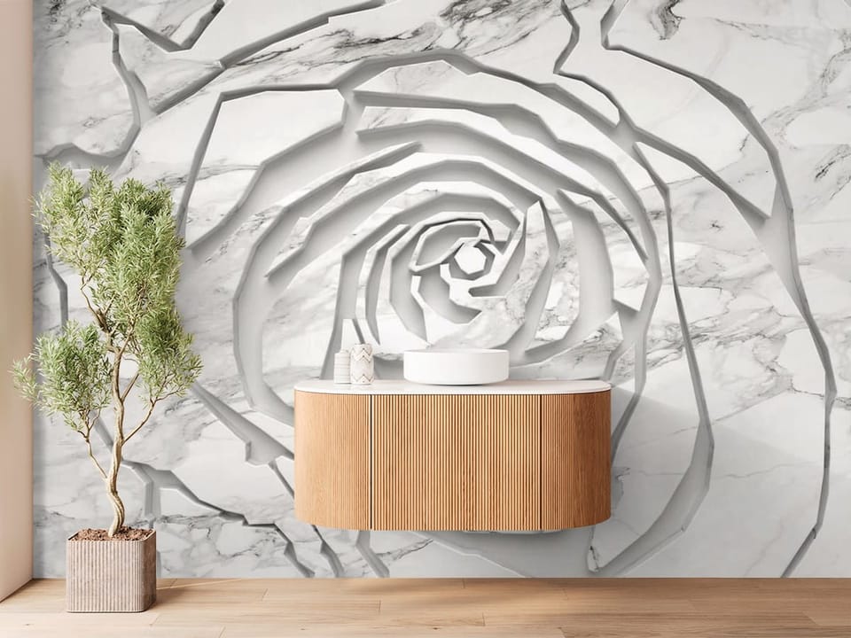 Fototapeta z abstrakcyjnym wzorem marmuru i 3D kwiatami, spiralny efekt - ściana za umywalką w łazience