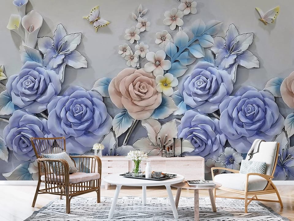 Fototapeta z dużymi kwiatami w pastelowych kolorach i motylami - aranżacja przedpokoju w stylu skandynawskim
