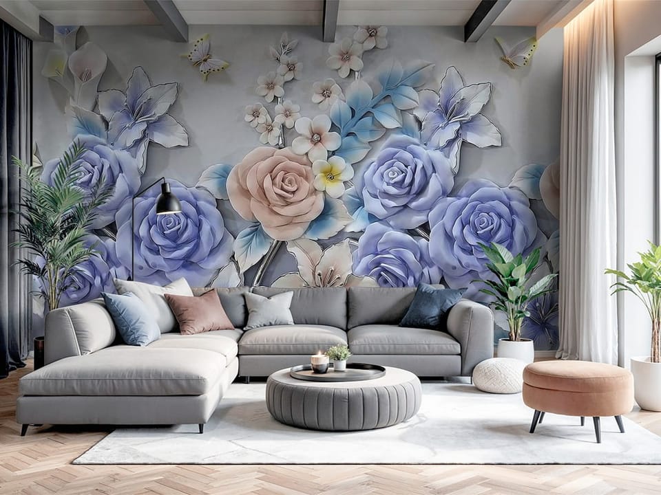 Fototapeta z dużymi kwiatami w pastelowych kolorach i motylami - nowoczesny salon z dużą przestrzenią