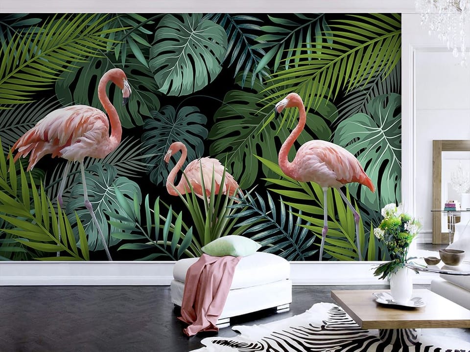Fototapeta Flamingi wśród zieleni - aranżacja w salonie