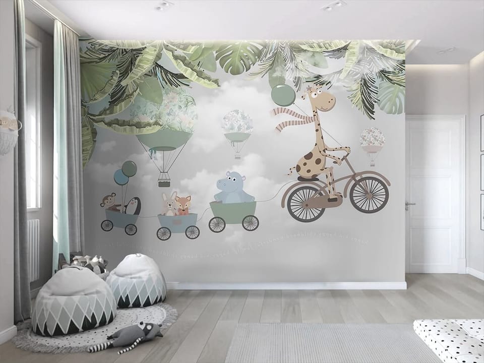 Fototapeta Zwierzęta na rowerze z przyczepkami - aranżacja w pokoju dziecka
