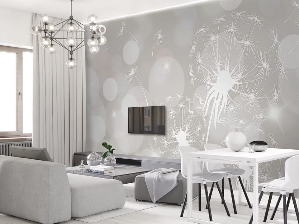 Fototapeta Białe Dmuchawce na Tle Bokeh - aranżacja w salonie