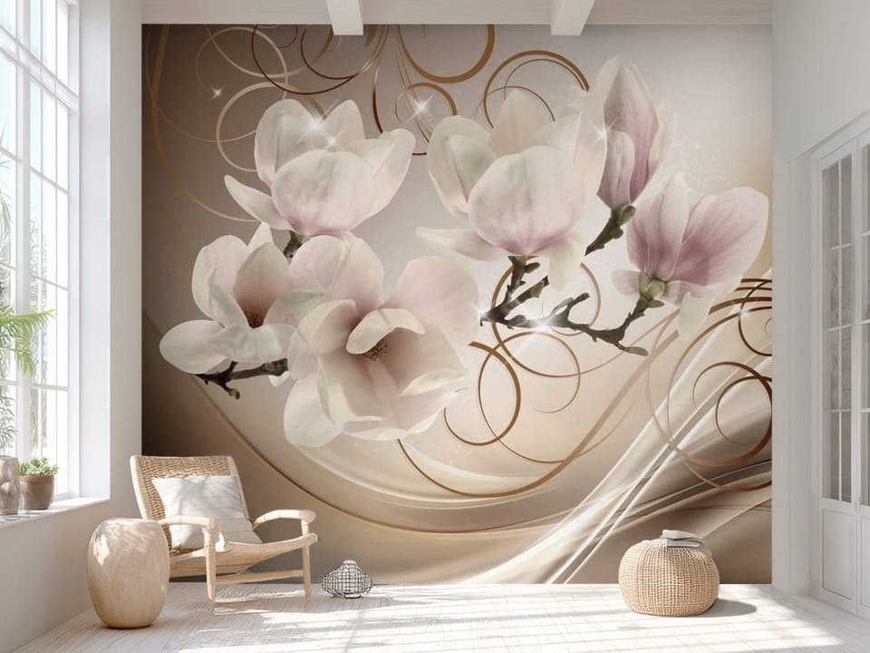 Fototapeta z dużymi kwiatami magnolii na gałęzi i dekoracyjnym tłem - aranżacja minimalistycznego przedpokoju