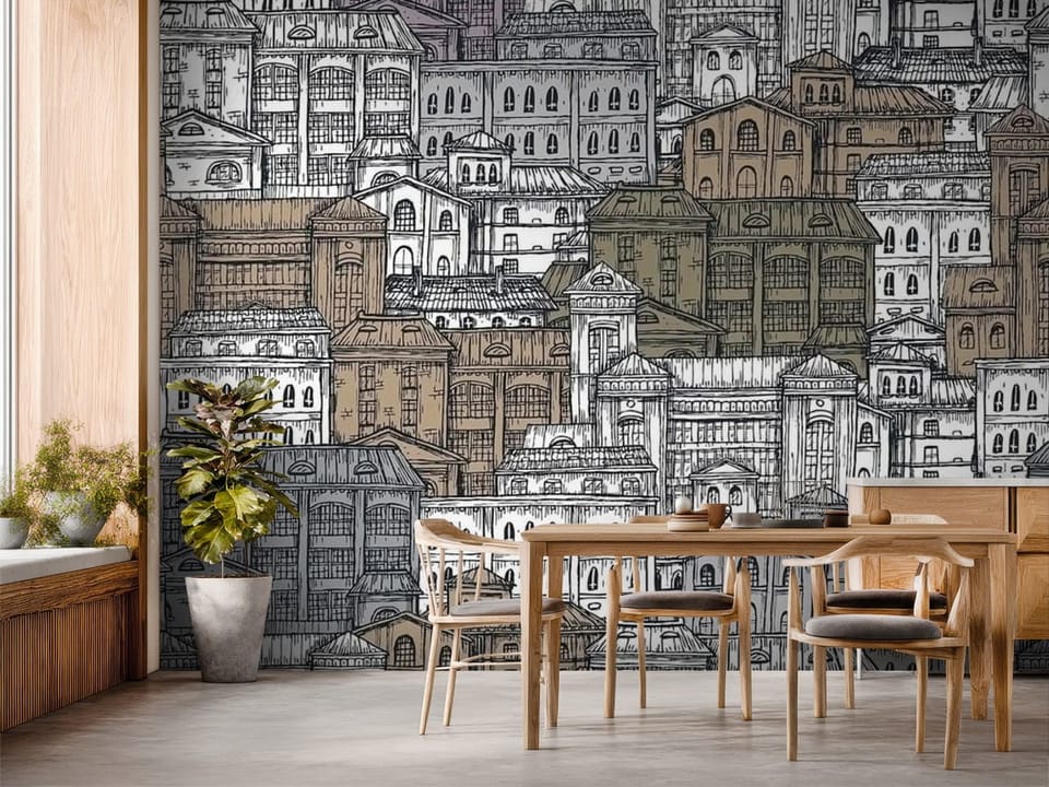 Fototapeta z gęsto rozmieszczonymi budynkami miejskimi i detalami architektonicznymi - inspiracja do strefy jadalnianej w kuchni