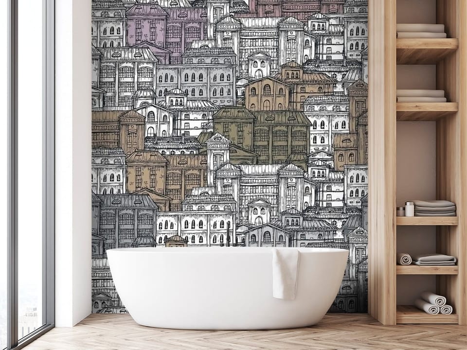 Fototapeta z gęsto rozmieszczonymi budynkami miejskimi i detalami architektonicznymi - aranżacja w nowoczesnej łazience
