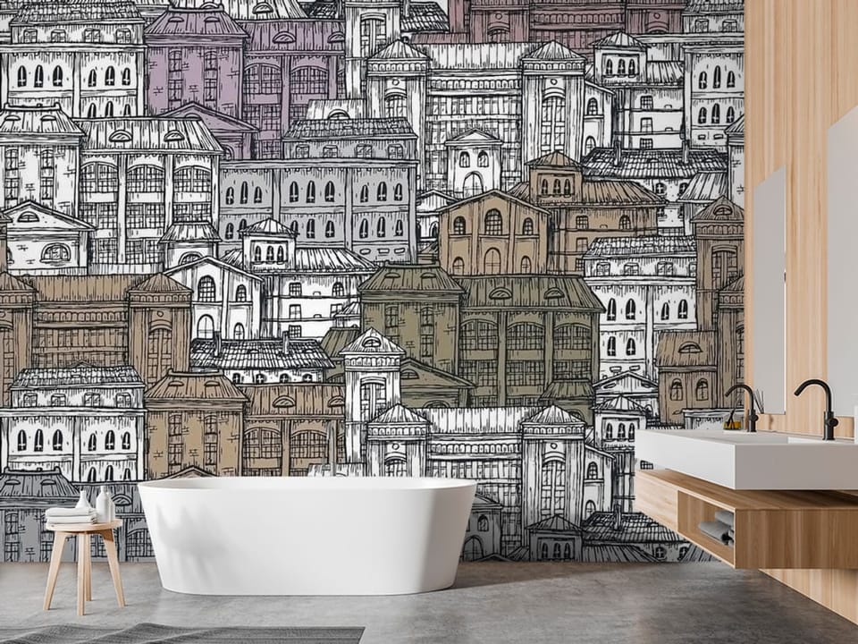 Fototapeta z gęsto rozmieszczonymi budynkami miejskimi i detalami architektonicznymi - inspiracja do pięknej łazienki