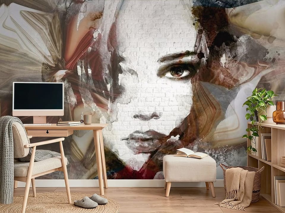 Fototapeta z twarzą kobiety na tle ceglanej ściany z abstrakcyjnymi wzorami - ściana w minimalistycznym pokoju nastolatka