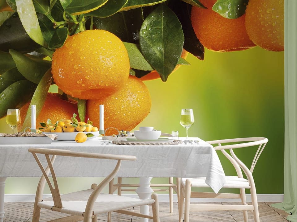 Fototapeta Gałąź z pomarańczowymi owocami we wnętrzu kuchni