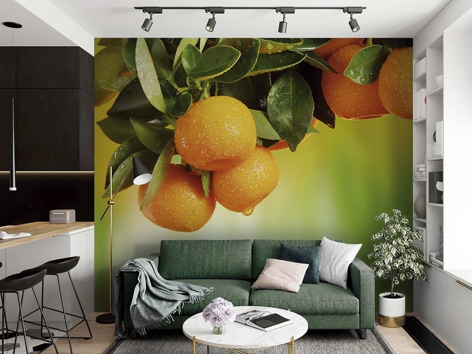 Fototapeta Gałąź z pomarańczowymi owocami we wnętrzu salonu