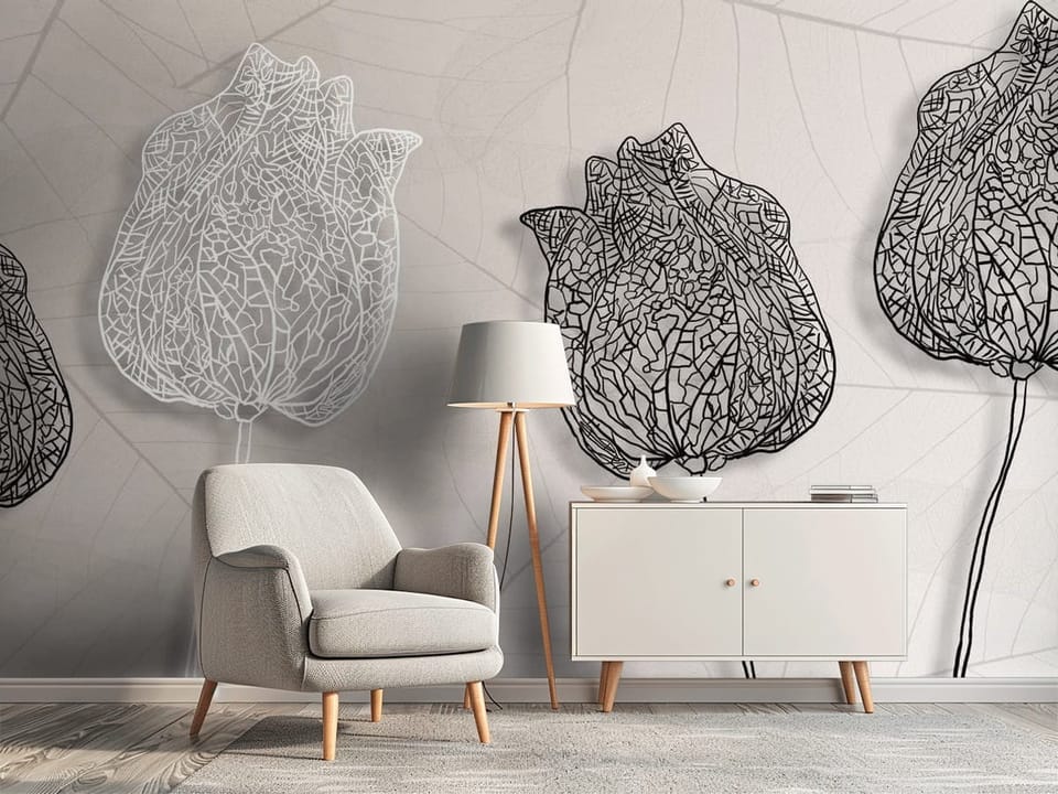 Fototapeta z czterema tulipanami i geometrycznymi wzorami na jasnym tle - elegancki przedpokój z efektowną dekoracją ścienną