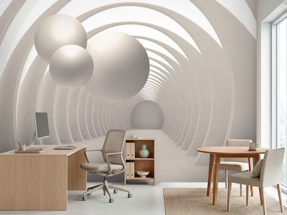 Fototapeta z dużymi kulami w futurystycznym tunelu z łukami - inspiracja do biura w jasnych kolorach