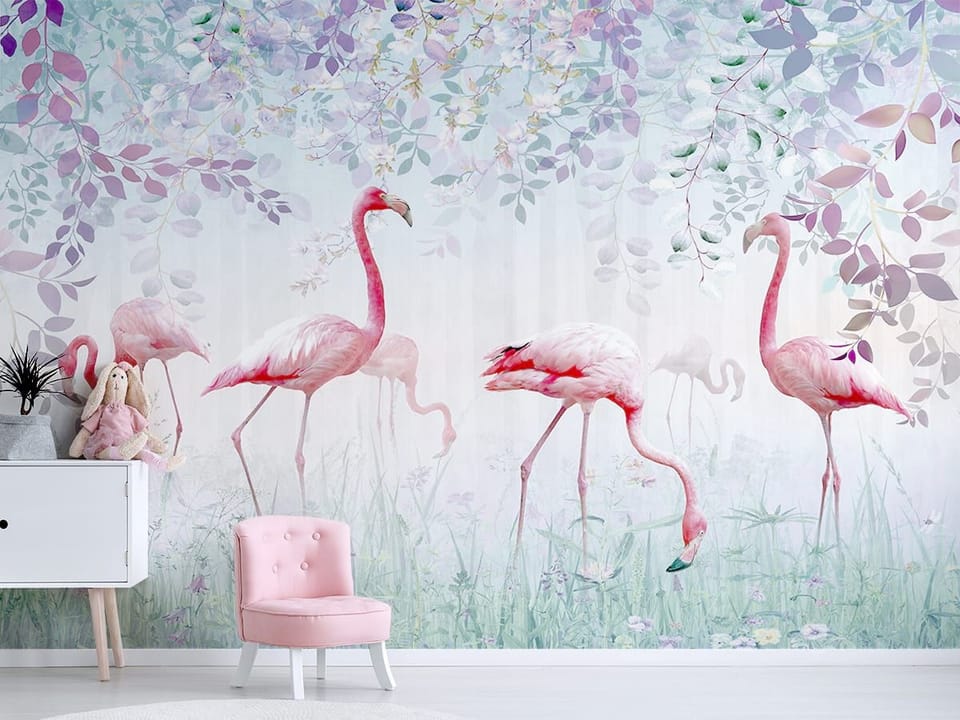 Fototapeta Flamingi wśród roślinności - aranżacja w pokoju dziecka
