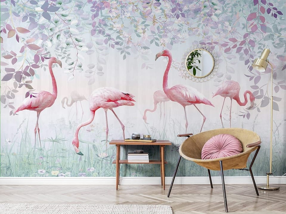 Fototapeta Flamingi wśród roślinności - aranżacja w salonie