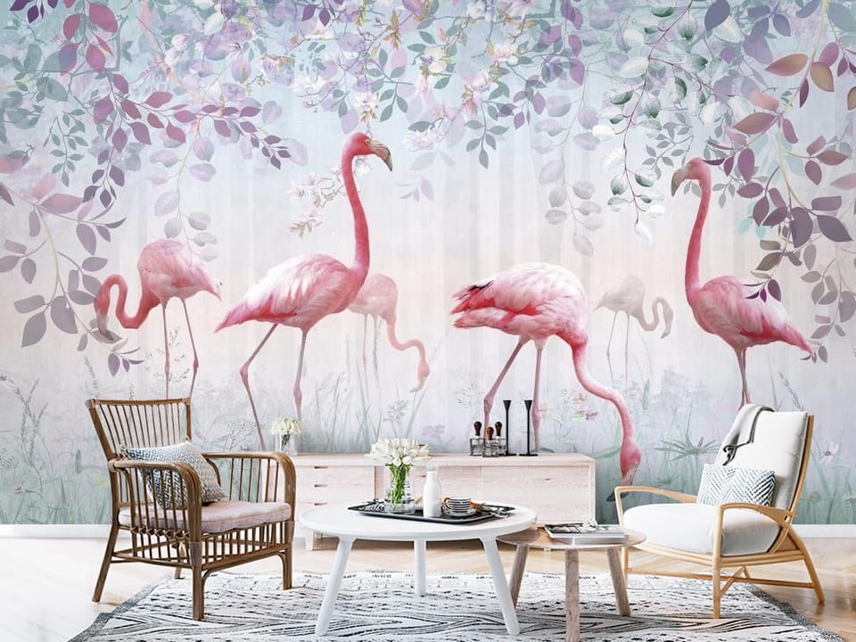 Fototapeta z flamingami wśród liści i kwiatów w pastelowych kolorach - aranżacja przedpokoju w stylu skandynawskim