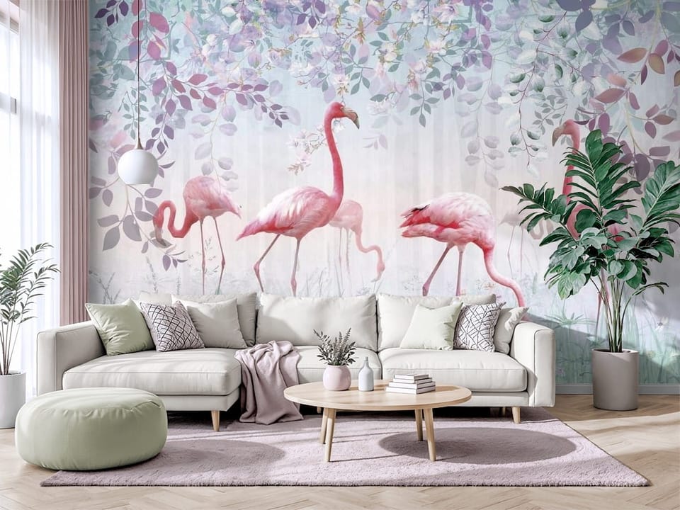 Fototapeta z flamingami wśród liści i kwiatów w pastelowych kolorach - salon w jasnych barwach z modnym akcentem