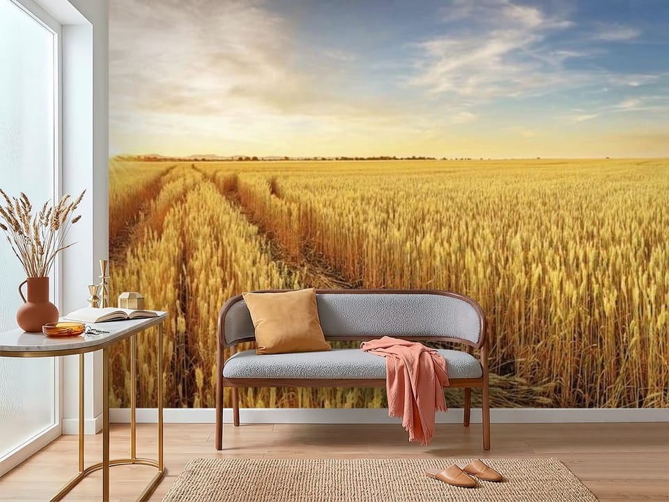 Fototapeta przedstawiająca rozległe pole pszenicy z drzewem i zachodzącym słońcem - inspiracja do nowoczesnego przedpokoju