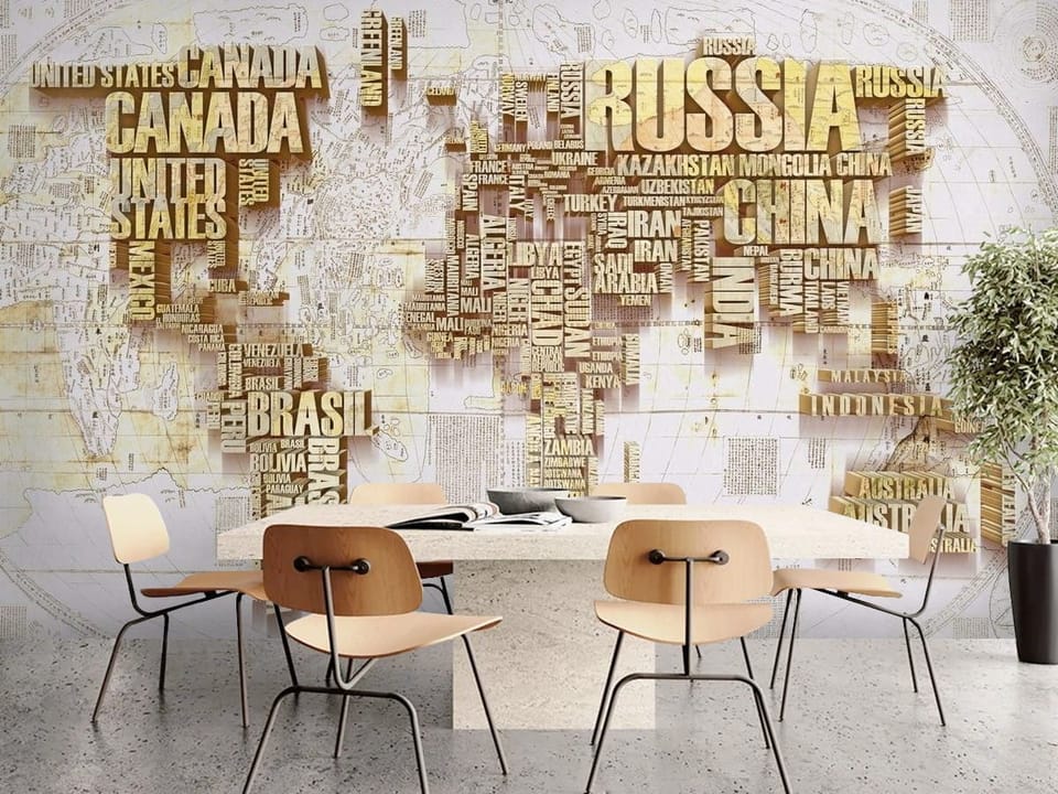 Fototapeta przedstawiająca mapę świata z kontynentami zbudowanymi z nazw państw. - ściana przy stole w nowoczesnej kuchni