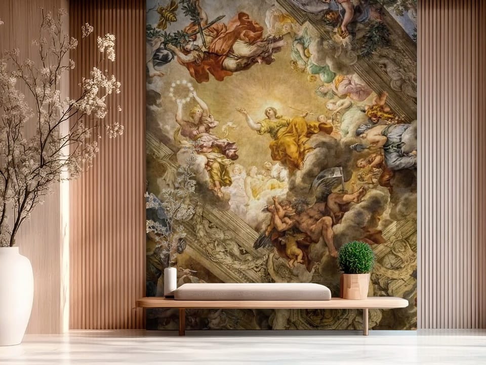 Fototapeta z mitologiczną sceną na suficie pełną postaci i ornamentyki - ściana w nowoczesnym dużym przedpokóju