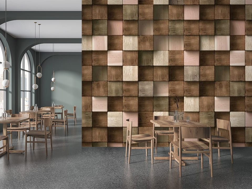 Fototapeta z drewnianą mozaiką 3D w odcieniach brązu i beżu - ściana w przytulnej kawiarni