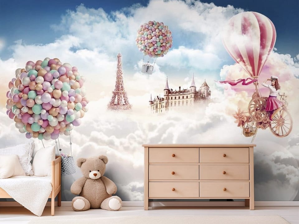Fototapeta z balonami nad chmurami, wieża Eiffla i zamkowy budynek - pokój dziecka w jasnych pastelowych barwach