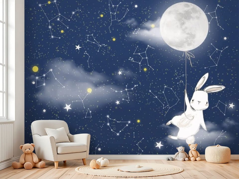 Fototapeta z królikiem trzymającym balon w kształcie księżyca na tle nocnego nieba - kreatywna przestrzeń do zabawy w pokoju dziecka
