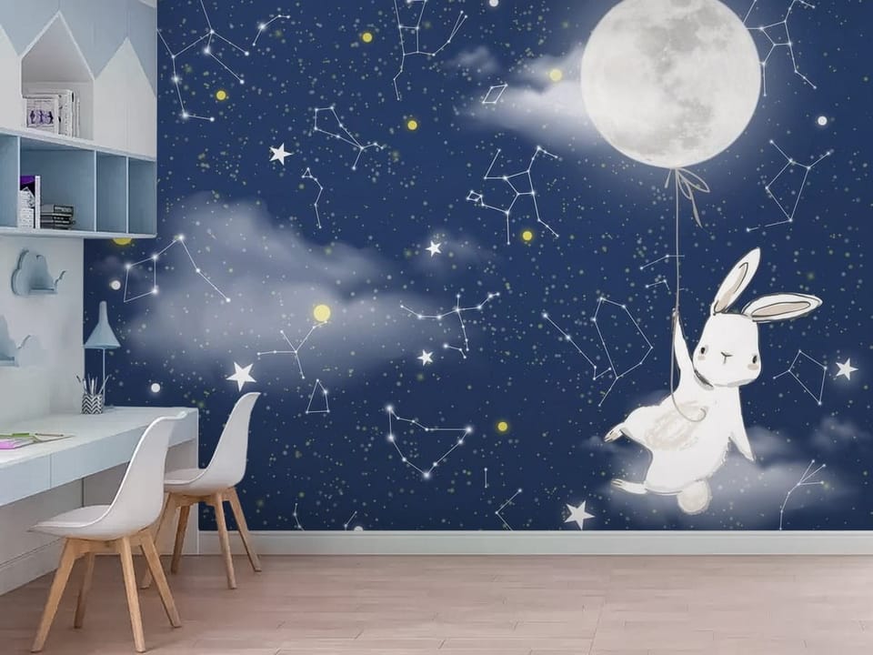 Fototapeta z królikiem trzymającym balon w kształcie księżyca na tle nocnego nieba - nowoczesne wnętrze w pokoju dziecięcym