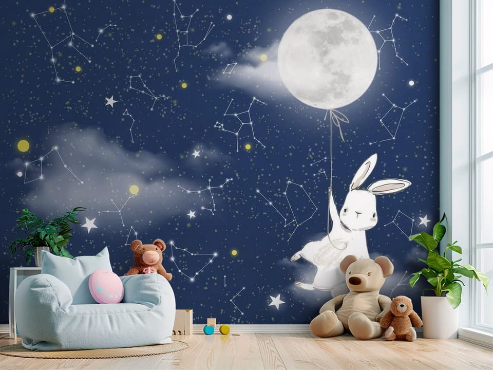 Fototapeta z królikiem trzymającym balon w kształcie księżyca na tle nocnego nieba - przytulny kącik do zabawy w pokoju dziecka