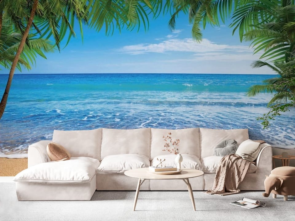 Fototapeta przedstawiająca piaszczystą plażę z palmami i błękitnym oceanem - widok na ścianę w eleganckim salonie