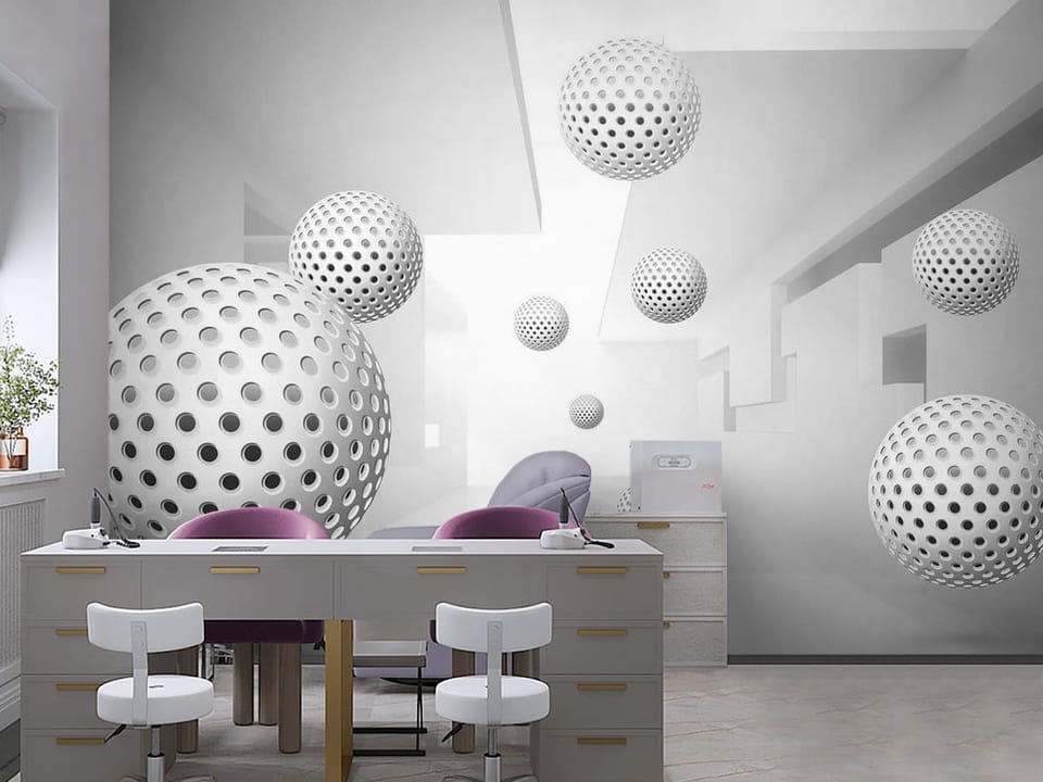 Fototapeta z unoszącymi się perforowanymi kulami na tle geometrycznego korytarza - aranżacja ściany w biurze
