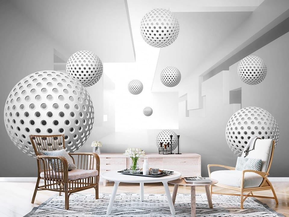 Fototapeta z unoszącymi się perforowanymi kulami na tle geometrycznego korytarza - aranżacja przedpokoju w stylu skandynawskim