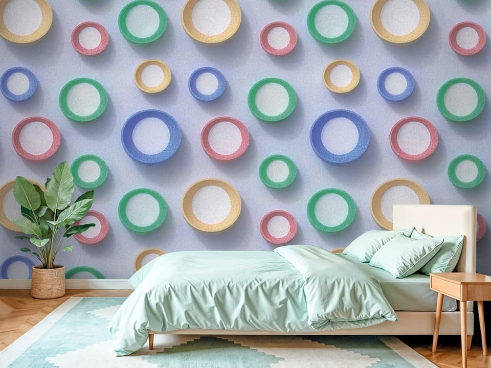 Fototapeta z różnokolorowymi okręgami na jasnym tle, harmonijny wzór - piękna inspiracja do sypialni