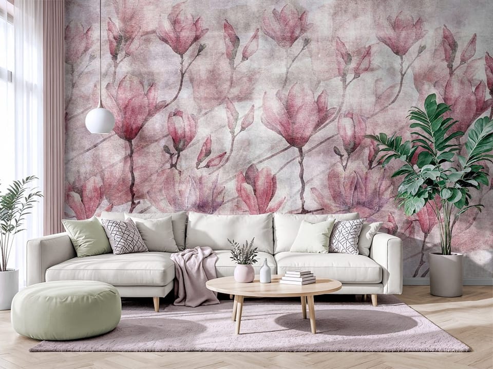 Fototapeta z kwiatami magnolii na gałęziach, delikatne pastelowe tło - salon w jasnych barwach z modnym akcentem