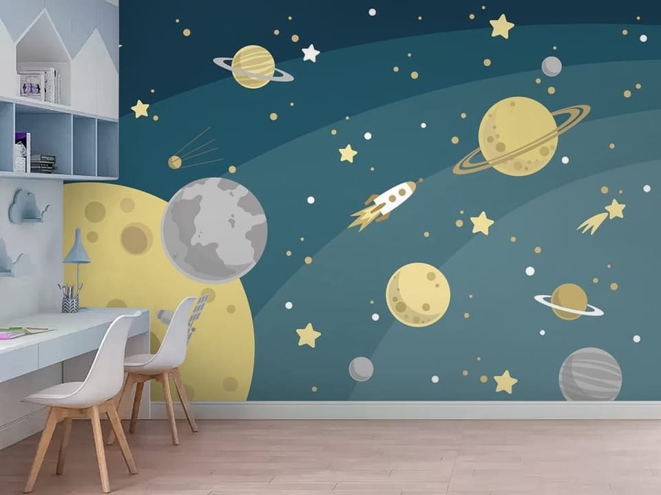 Fototapeta z planetami i rakietą w kosmosie dla dzieci - nowoczesne wnętrze w pokoju dziecięcym