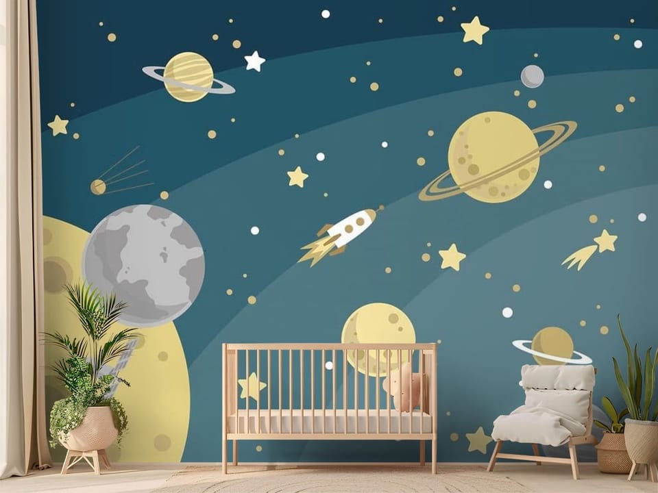 Fototapeta z planetami i rakietą w kosmosie dla dzieci - nasłoneczniony pokój dziecięcy