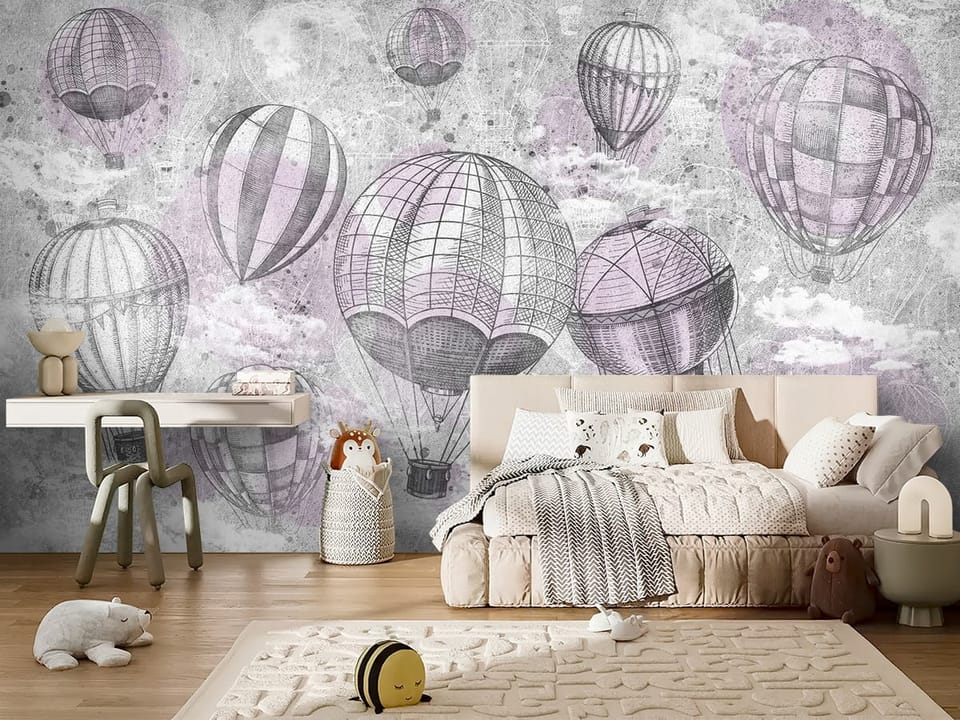 Fototapeta z balonami na ogrzane powietrze w pastelowych odcieniach - widok na ścianę w przytulnym pokoju dziecięcym